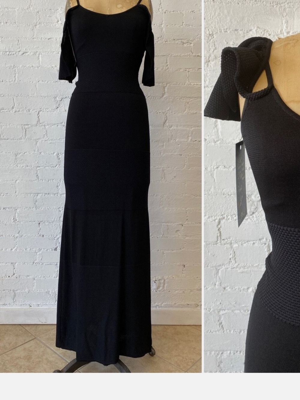 bebe Black Maxi Dress with Ruffle Shoulder Straps